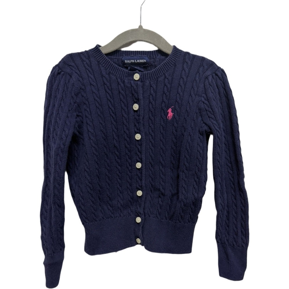 Polo Ralph Lauren Girls Cable Knit Cardigan Navy Pink Pony Size 5 Cotton Sweater